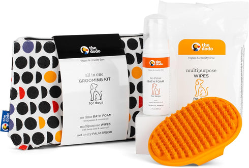 The Dodo All-in-One Dog Grooming Kit, Includes No Rinse Bath Foam, Wipes, and Wet/Dry Brush; Vegan, Cruelty-Free and Contains no DEA, MEA, SLS or ...