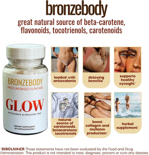GLOW Capsules Accelerated Tanning Vegan Vitamins A Tocotrienols Antioxidants Melanin Collagen Urucum (ROUCOU, Annatto, Bixin, Urucu) Herbal Supple...