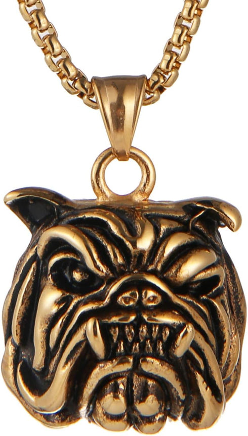 Fierce expression pet pendant gift gold-plated stainless steel bulldog head necklace 22+2 inch chain...