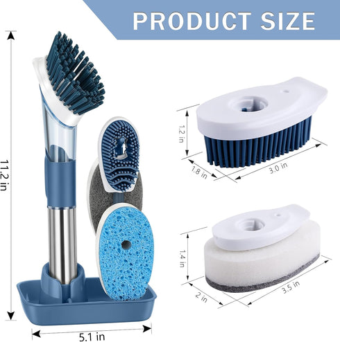 NileHome Soap Dispensing Dish Brush Set, Dish Scrubber with 4 Replaceable Heads Dish Brush with Handle for Pot Pan Sink Cleaning...