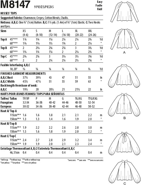 McCall's M8147ZZP Misses' Raglan Sleeve Pullover Blouse Sewing Patterns Kit, Design Code M8147, Sizes L-XXL...