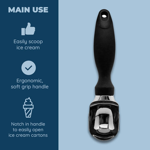 Deluxe Ice Cream Scoop with Soft Grip Handle & Lid Opener, Stainless Steel & BPA Free Heavy Duty Scooper Tool for Kitchen - Black...