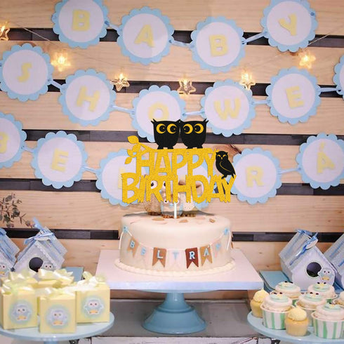 Owl Cake Topper Happy Birthday Sign Cake Decorations for Owl Themed Kids Boy Girl Birthday Baby Shower 1st Bday Party Supplies Gold GoldSparkle Dé...