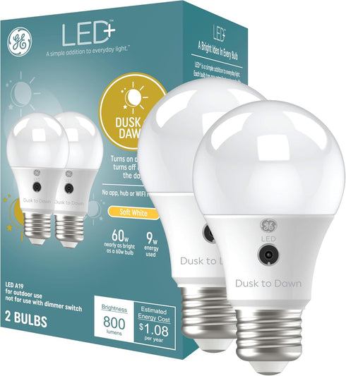 GE LED+ A19 Dusk to Dawn LED Light Bulb, Automatic On/Off Outdoor Security Light, Daylight (2 Pack)...