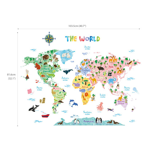 DECOWALL SG2-1615S Animal World Map Kids Wall Decals Wall Stickers Peel and Stick Removable Wall Stickers for Kids Nursery Bedroom Living Room (La...