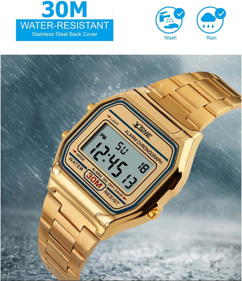 Digital Sports Watch Men's Women Water Resistant Outdoor Stainless Steel Band Electronic Square LED Back Light Classic Wristwatch Gold 1123...