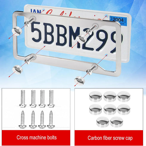2 Pcs 4 Holes Stainless Steel License Plate Frame?Car License Plate Holder Bracket with Mount Hardware ?Screw? Caps Cover Set Car Accessories...