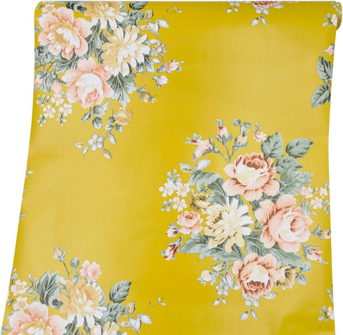 Yifely Vintage Peony Floral Shelving Paper Dark Yellow Peel & Stick Shelf Liner Dresser Drawer Sticker 17.7 Inch by 9.8 Feet...