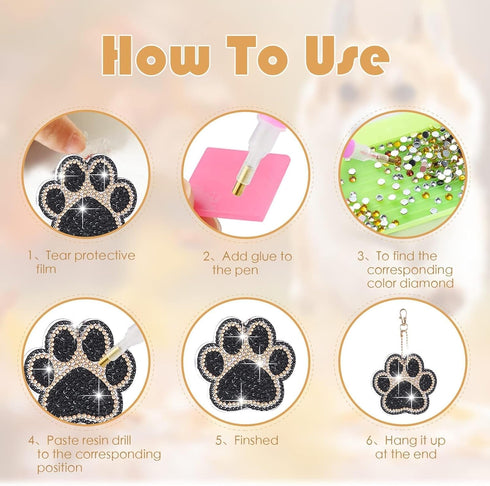 YLOLUL 16 Pcs Dog Paw Shaped Diamond Art Keychains DIY Pet Paw Diamond Art Keychain Kits Diamond Art Double-Sided Cat Dog Paw Painting Key Chains ...