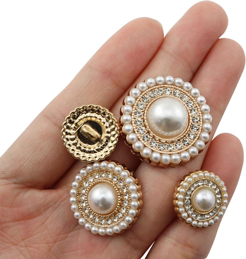 16PCS Gold Diamond-Encrusted Pearl Buttons Metal Button Rhinestone Faux Pearl Buttons Embellishments for Coat, Suits, Knitting Sweaters, Sewing Cr...
