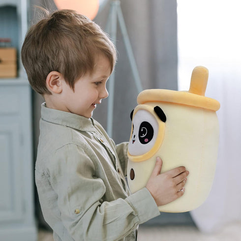 NiuniuDaddy Boba Plushies with Panda Face-13.7inches Large Yellow Cream Bubble Tea with Straw Stuffed Animals-Soft Kawaii Milk Tea Cup Plush Toy P...