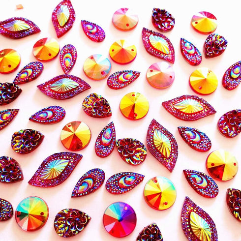 80 Big Flower AB Mixed Size Sew On Rhinestones Flatback Beads Stones Sewing for Clothing Wedding Dress Decorations 2 Holes (Red)...