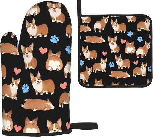 Cute Corgi Dog Heat Resistant Oven Mitts and Pot Holders Sets Non Slip Kitchen Gloves Hot Pads with Inner Cotton Layer for Cooking BBQ Baking Gril...