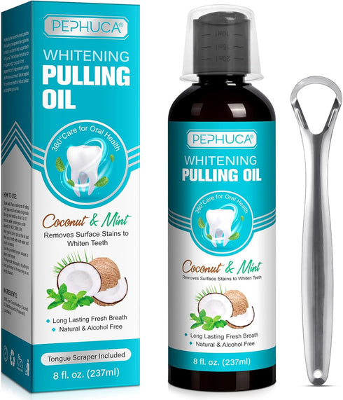 Oil Pulling - Coconut & Mint Oil Pulling Mouthwash with Tongue Scraper, Alcohol Free, Natural Organic Essential Oil for Mouth, Bad Breath Cleaner,...