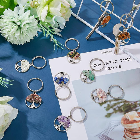 SUPERFINDINGS 36Pcs 9 Styles Tree of Life Keychain Natural Crystal Stones Handmade DIY Keychain Charm Pendant Gemstones Key Chain Charm for Handma...