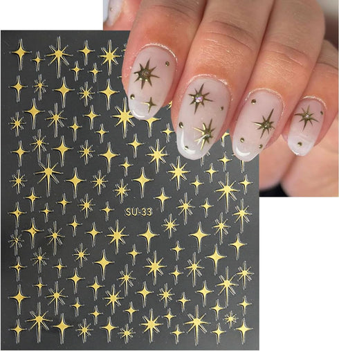 6Sheets Star Nail Art Stickers, 3D Self-Adhesive Purple Gold Silver Black White Stars Nail Design Sticker Starlight Nail Decals for Women DIY Fren...