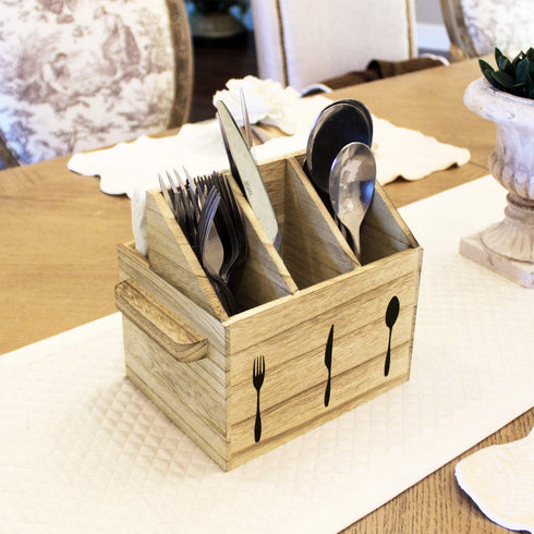 Ikee Design Wooden Flateware Utensil Caddy with Handles, Silverware Caddy, Fork and Spoon Holder ,Silverware Holder,Outdoor Utensil Holder, Silver...
