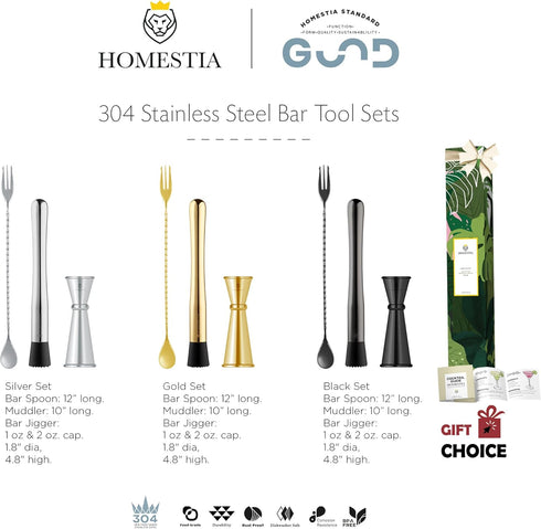 Homestia 10" Stainless Steel Muddler for Cocktails Drink Muddler, 12" Cocktail Spoon, 1 oz 2 oz Double Jigger, Basic 3 PCS Cocktail Set Mixing Too...