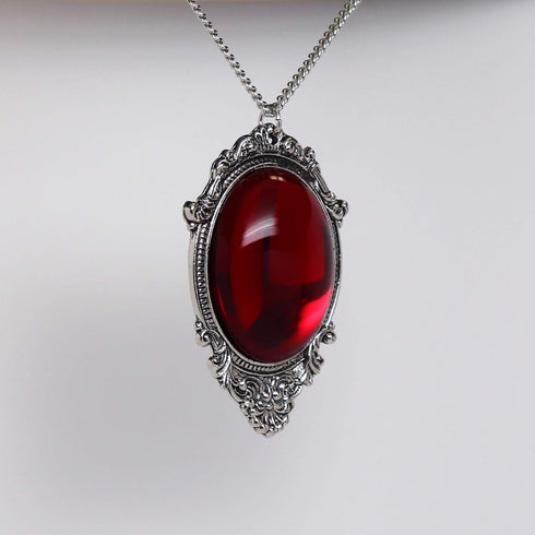 Blood Red Cabochon in Silver Finish Pewter Frame Pendant Necklace...