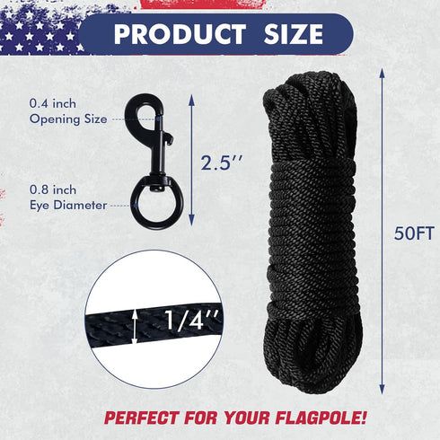 Flag Pole Rope Kit 50Ft x 1/4" Diameter Halyard Rope with 4 Pcs Zinc Alloy Swivel Snap Hooks Clips Outdoor Flagpole Hardware Accessories Camping R...