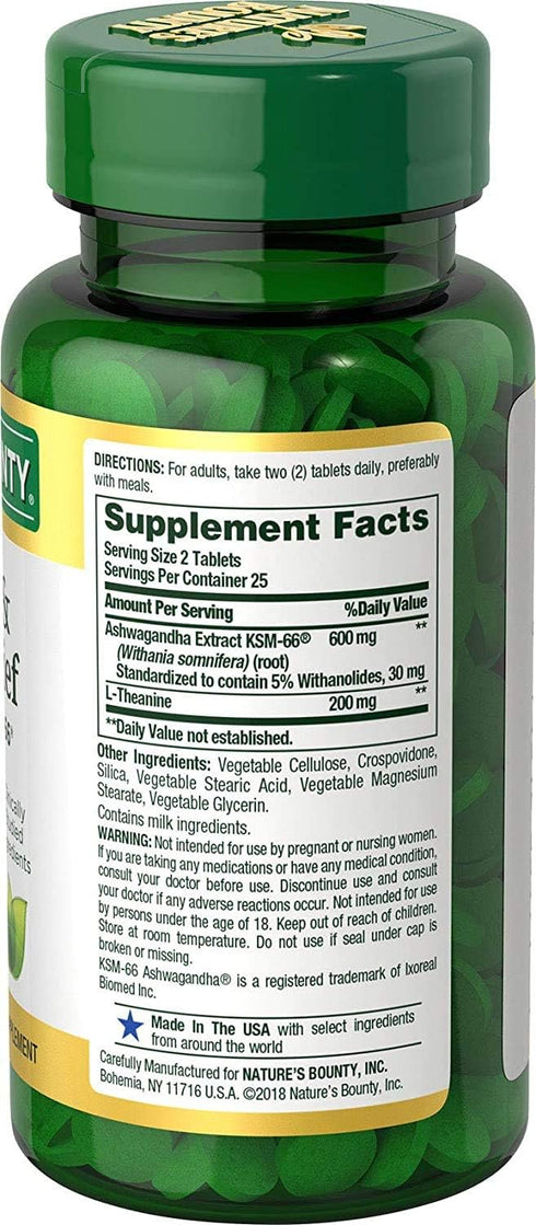 Nature's Bounty Anxiety & Stress Relief Ashwagandha Ksm-66 Tablets, 50 Count...
