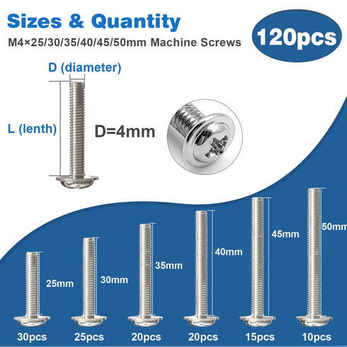 120PCS Assortment?Cabinet Pull and Knob Screws, M4×25/30/35/40/45/50mm, Machine Screws with Pan Washer Head, Metal Phillips Screws Kit for Drawer,...