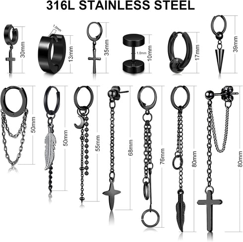 FIFATA 20 Pieces Men Earrings Set - Black Stainless Steel Chain Hoop Earrings Cross Moon and Star Dangle Earrings Piercing Jewelry for Men Women...