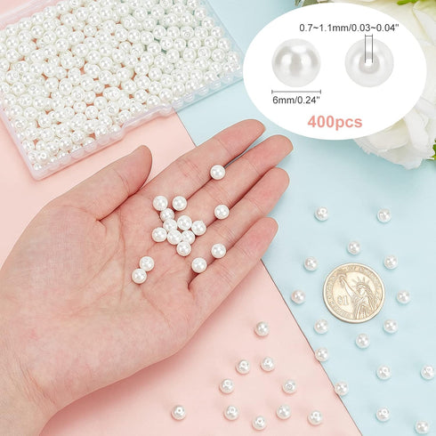 PH PandaHall 6mm about 400Pcs Tiny Satin Luster Glass Pearl Round Beads Assortment Lot for Jewelry Making Round Box Kit White...