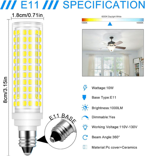 E11 LED Bulb Dimmable,100W Halogen Bulbs Equivalent,T4 Mini Candelabra LED Bulb Dimmable 10W 1000LM,Daylight White 6000K,120V 75W 100W JDE11 LED f...