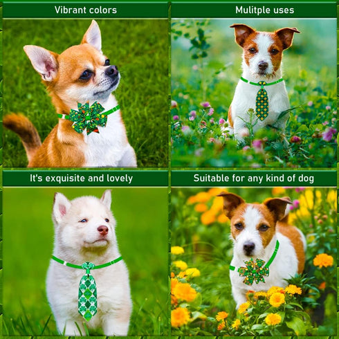 32pcs St. Patrick's Day Dog Collar Bows Ties, Bulk Clover Lucky Pattern Dog Grooming Bowties and Neckties, Adjustable Holiday Green Basic Dog Coll...