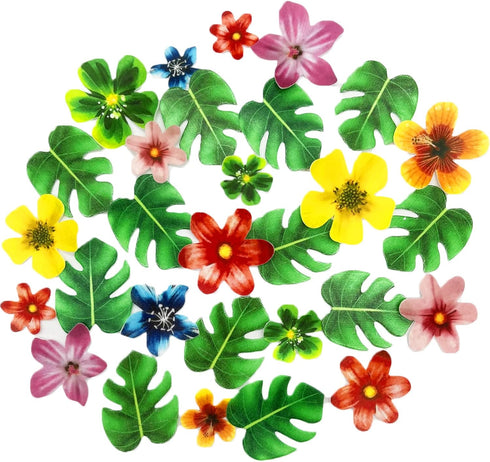 64Pcs Tropical Palm Leaves and Hawaii Flowers Cupcake Toppers Hawaii Theme Cake Decoration for Jungle Summer Party Birthday Wedding Cake Decor...