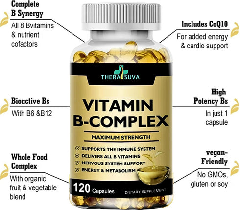 Thera SUVA Max Strength Vitamin B-Complex + CoQ10 + Vitamin C - Supplement for Energy, Metabolism Support, 120 Softgels, 60 Day Supply...