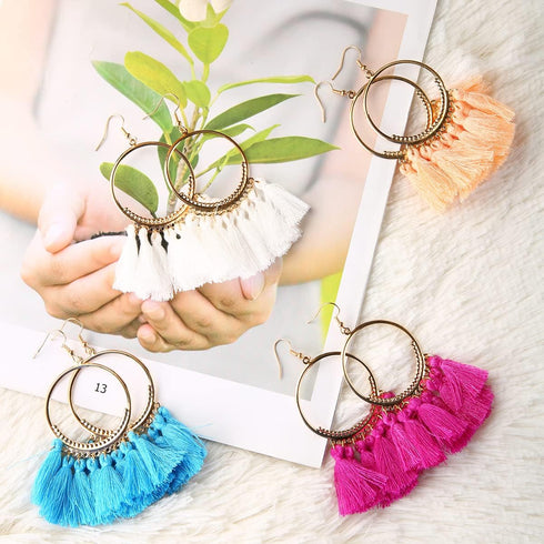 12 Pairs Bohemian Tassel Earrings for Women Trendy Colorful Fringe Summer Beach Statement Earrings...