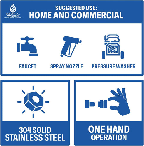 ESSENTIAL WASHER Garden Hose Quick Connect Hose Fittings - New One-Hand Operation Design 3/4 Inch Stainless Steel Water Hose Quick Connect Set Gar...