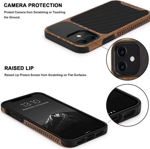 TENDLIN Compatible with iPhone 12 / iPhone 12 Pro Case Wood Grain with Carbon Fiber Texture Design Leather Hybrid Case Black...