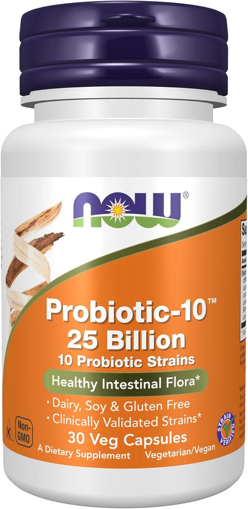 NOW Supplements, Probiotic-10™, 25 Billion, with 10 Probiotic Strains, Dairy, Soy and Gluten Free, Strain Verified, 30 Veg Capsules...
