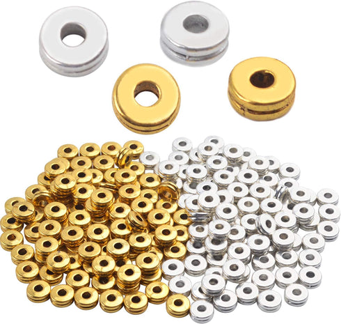 Metal Spacer Beads,200pcs Flat Round Disc Rondelle Spacer Beads Metal Rondelle Beads Spacers for Jewelry Making(6mm) - Silver and Golden...