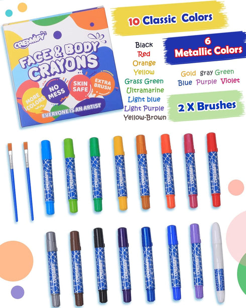 Rainbow Colors Face Painting Kits- 16 Colors Twistable Face Paint Marker Sticks with 2 Brushes, LGBT Washable Face Paint Crayons Kit, Birthday, Pr...