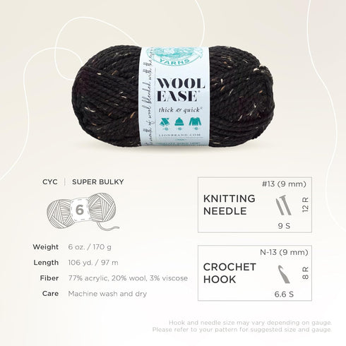 Lion Brand Yarn Wool-Ease Thick & Quick Yarn, Soft and Bulky Yarn for Knitting, Crocheting, and Crafting, 1 Skein, Obsidian...