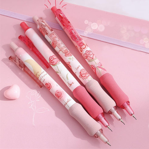 4 Pcs Rose Mechanical Pencil 0.5mm Cute Mechanical Pencil Pink Flower Pencil School Pencil for Girl Women Drawing Pencil (Rose)...