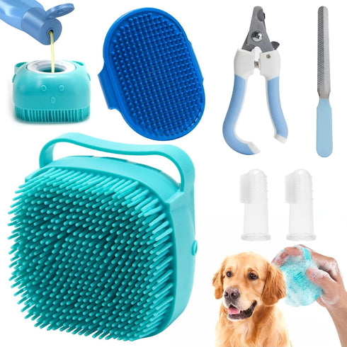 6Pcs Dog Bath Brush, Soft Silicone Pet Shampoo Massage Dispenser Grooming Shower Brush, Pet Finger Toothbrush, Nail Clippers and Nail File for Dog...