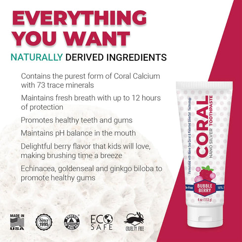 Coral Nano Silver Bubble Berry Kids Toothpaste, Natural Fluoride Free Teeth Whitening Toothpaste, Coral Calcium Nano Silver Infused SLS Free - 4 O...