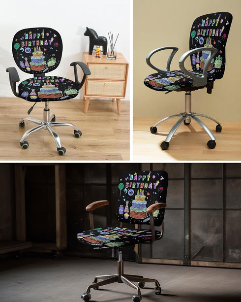 Happy Birthday Office Chair Cover - Stretch Rotating Computer Chair Seat Back Covers, Birthday Gifts Cake Balloons Black Desk Chair Covers Stretch...