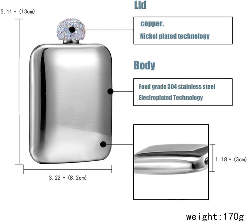Hillside-Kit Booze Shot Flask- AB Crystal Lid Creative 304 Stainless Steel Wine Alcohol Liquor Flask for Women Girls Men Party Hand size Flask-6OZ...