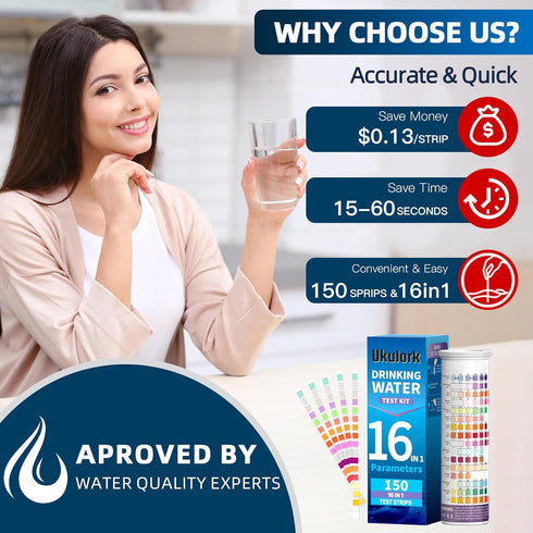 16 in 1 Home Water Testing Kits for Drinking Water -150 Strips for Swimming Pool, Aquarium, Spa, Tap, Well Water - Testing for pH, Lead, Hardness,...
