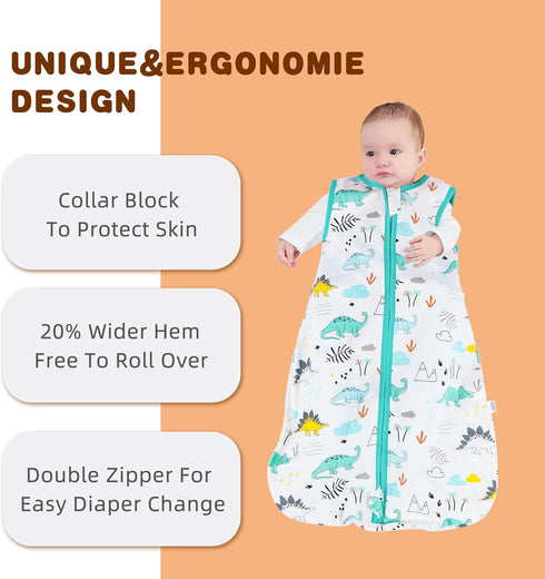 Baby Sleep Sack - 100% Cotton Wearable Blanket for Babies, 2-Way Zipper TOG 0.5,Dinosaur, 0-6 Months...