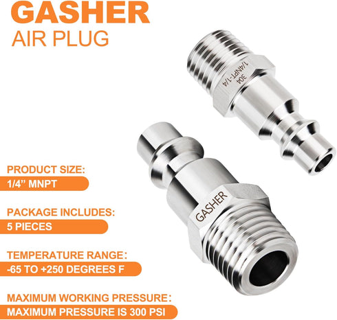 GASHER 5PCS Industrial Air Plug, 304 Stainless Steel 1/4"NPT Male, 1/4" High Flow Pneumatic Plugs...