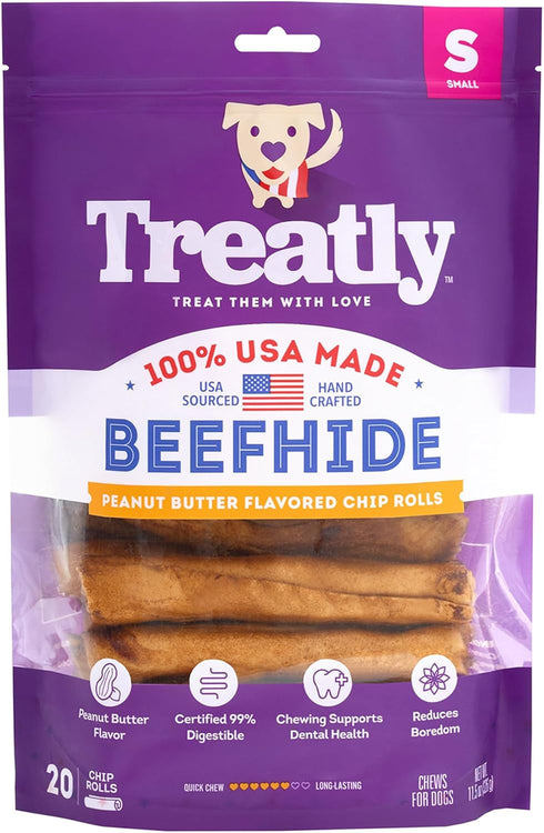 USA Beefhide Chip Rolls 5-6" Dog Chew Treats - Peanut Butter Flavor, 20 Count/1 Pack...