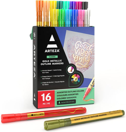 Arteza Double Outline Markers, 16 Colours, Gold Marker Pens, Create Metallic Lines with Vivid Colour Outlines, Work on Cards, Paper, and Canvas...