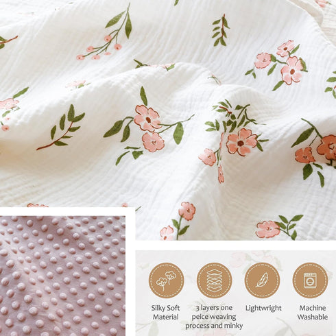Muslin Baby Blankets for Girls Super Soft Nursery Minky Blankets with Breathable Muslin Cotton Front and 3D Touch Dotted Fleece Backing, Pink Flor...